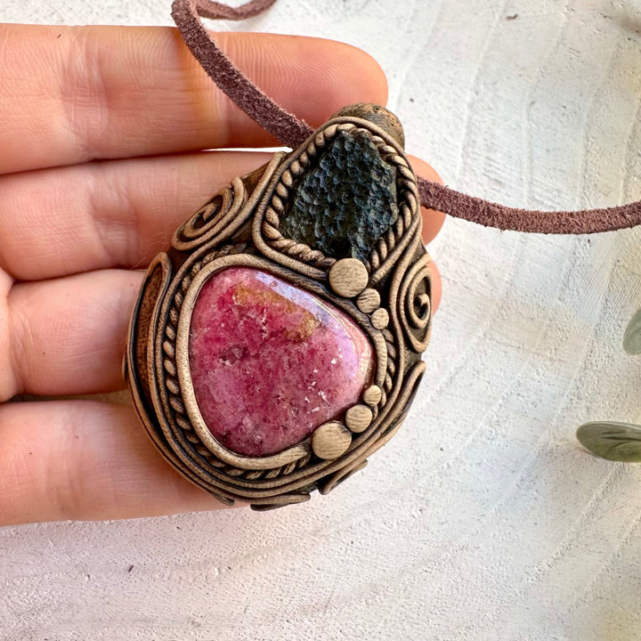 Rhodonite and moldavite pendant necklace handmade crystal jewelry