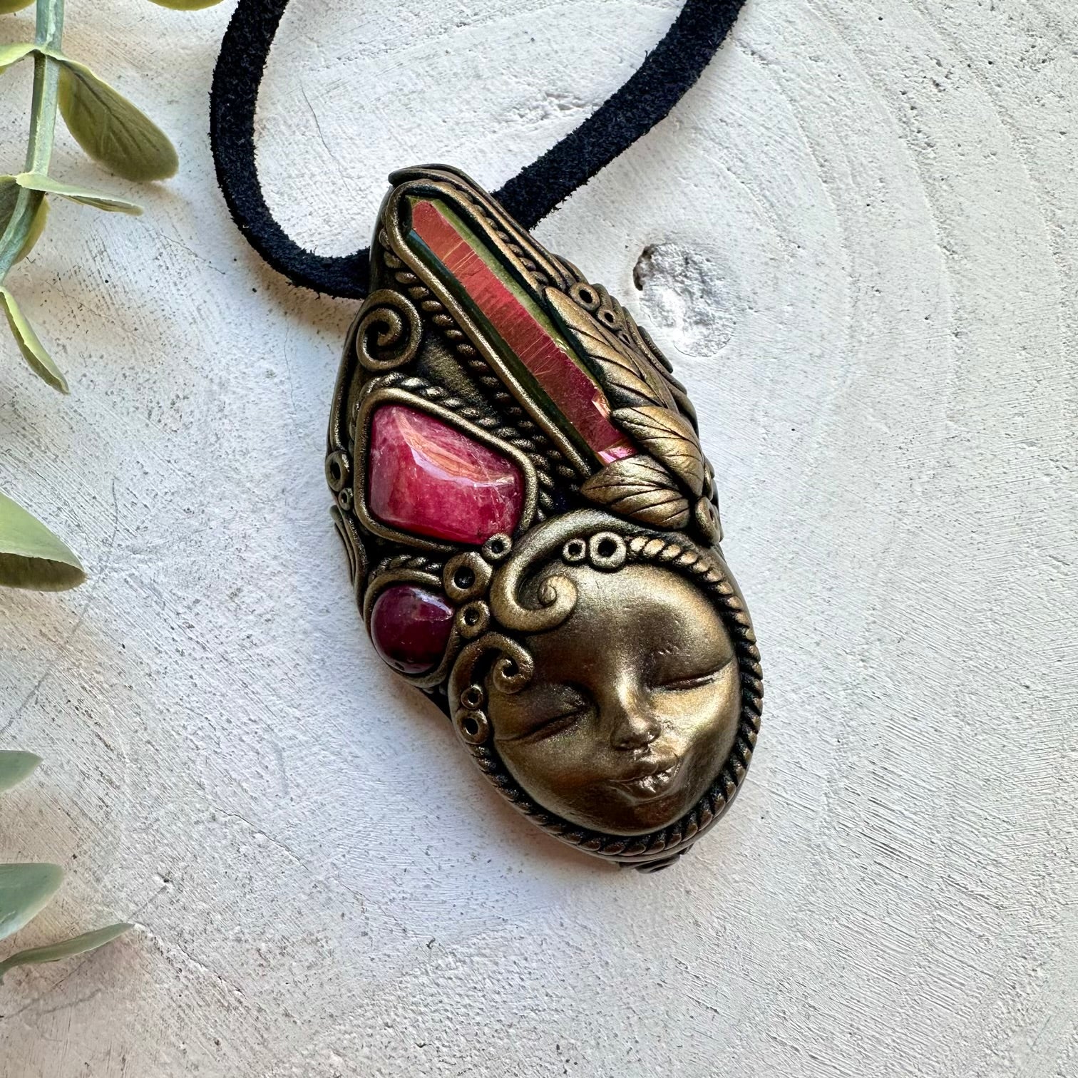 Healing crystal goddess pendant with sunset aura quartz and ruby