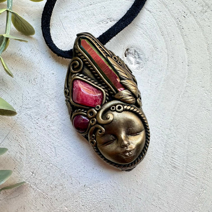 Healing crystal goddess pendant with sunset aura quartz and ruby