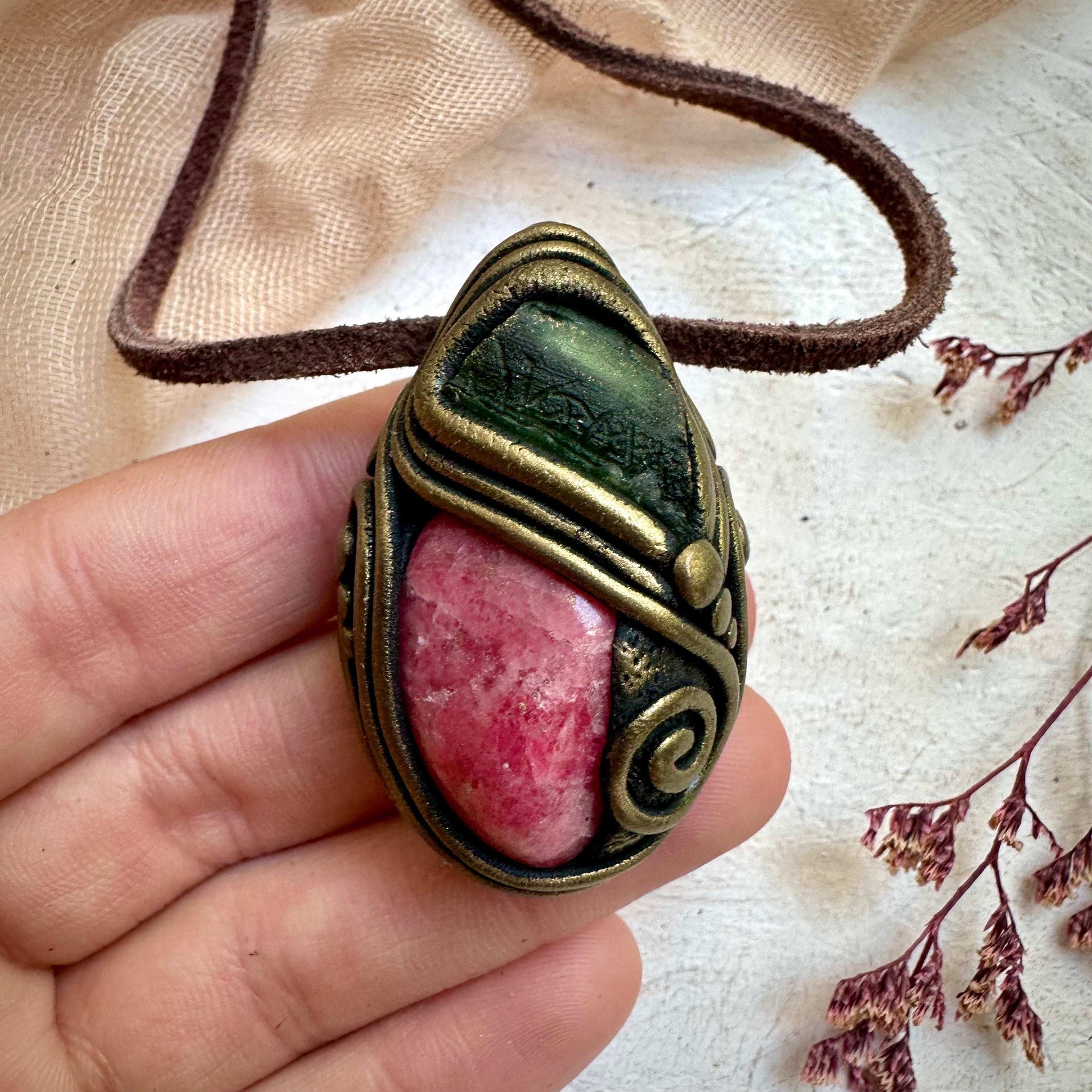 Rhodonite and Moldavite Pendant Necklace - FairyGardenGlow