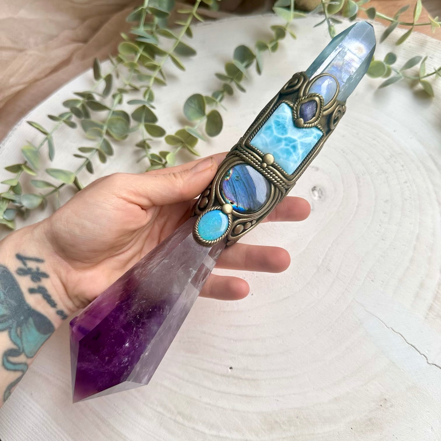 Large spiritual crystal wand with amethyst aqua aura and moonstone