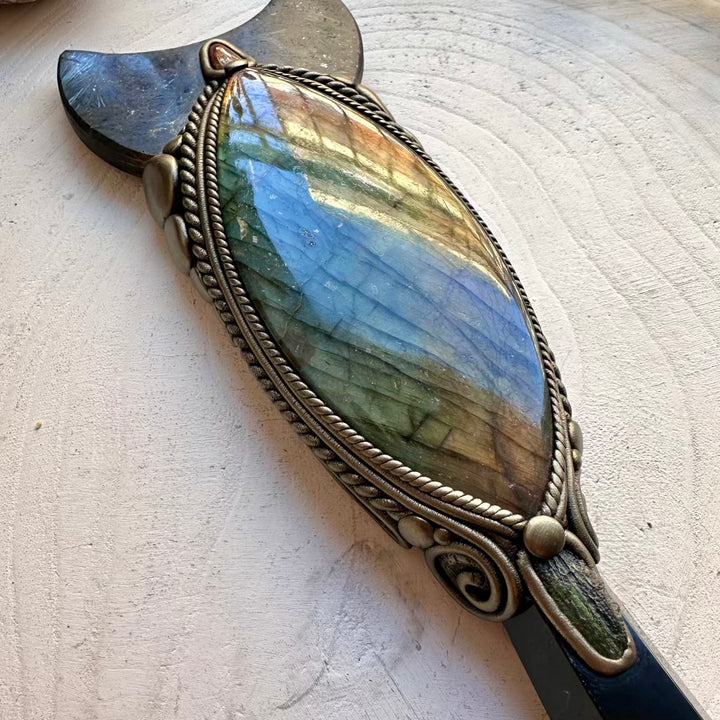 Black obsidian crystal wand with rare gemstones