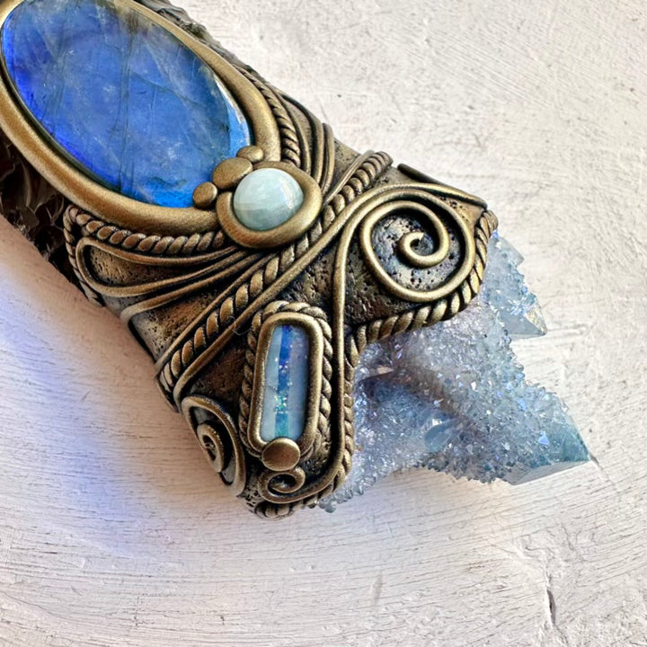 Metaphysical ritual wand made with Obsidian arrowhead and Aqua Aura Quartz