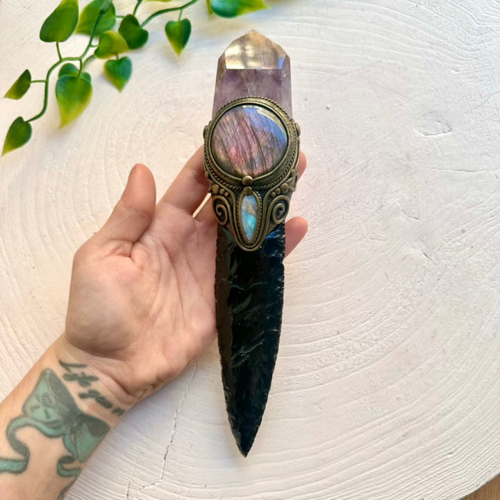 Handmade crystal wand with Labradorite, Rainbow Moonstone and Obsidian