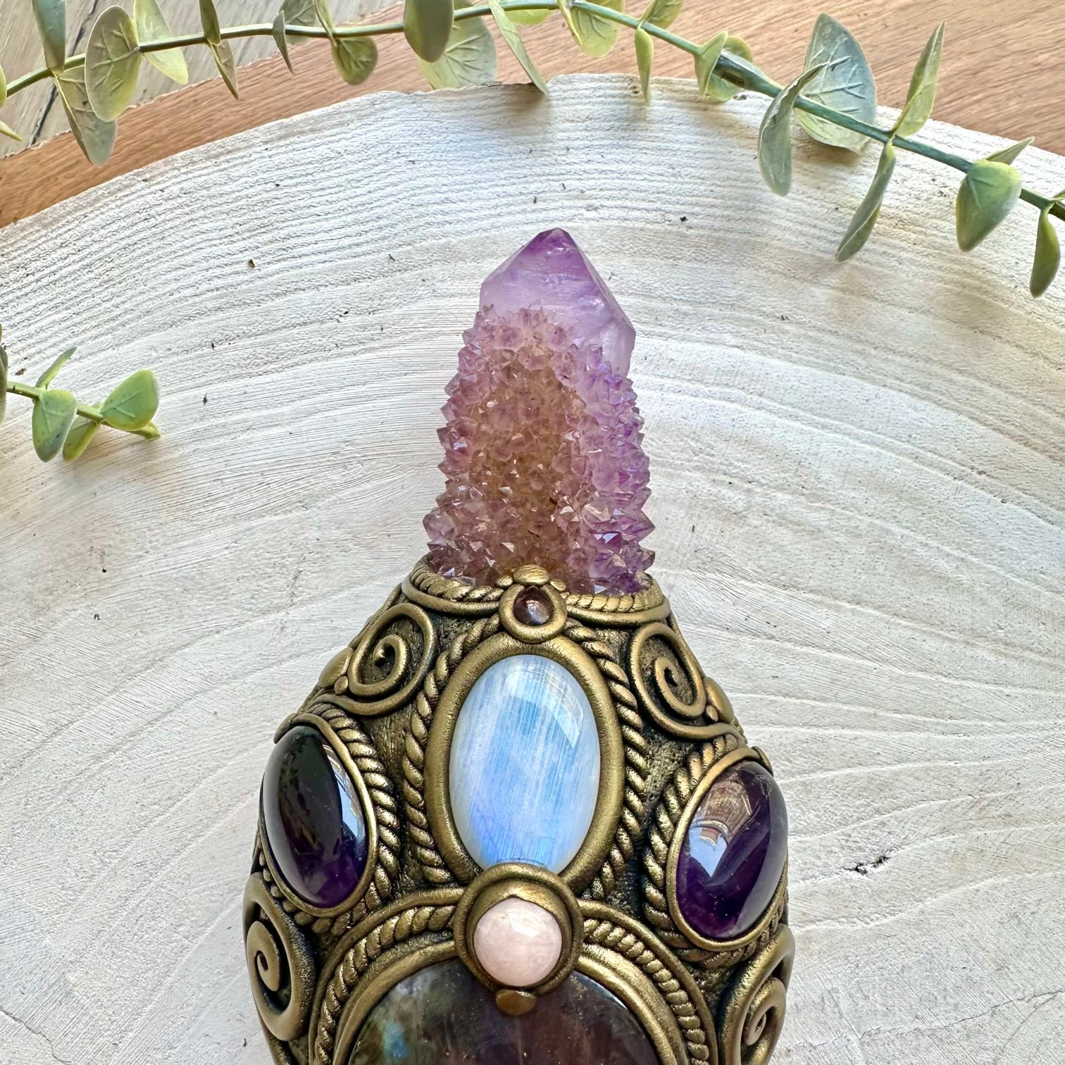 Handmade ritual tool crafted with Black Obsidian and a beautiful selection of healing crystals.