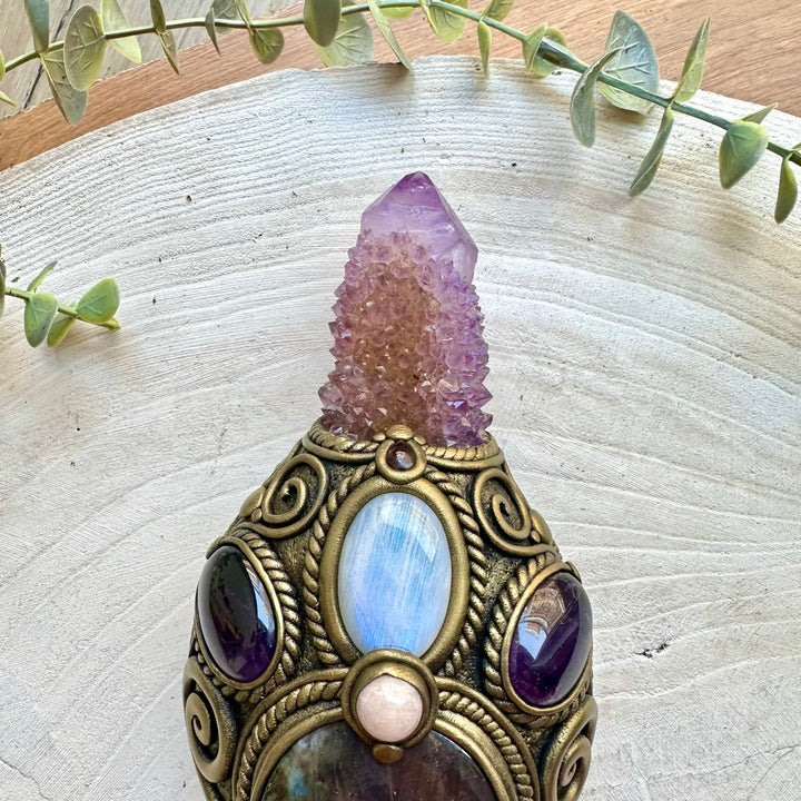 Handmade ritual tool crafted with Black Obsidian and a beautiful selection of healing crystals.
