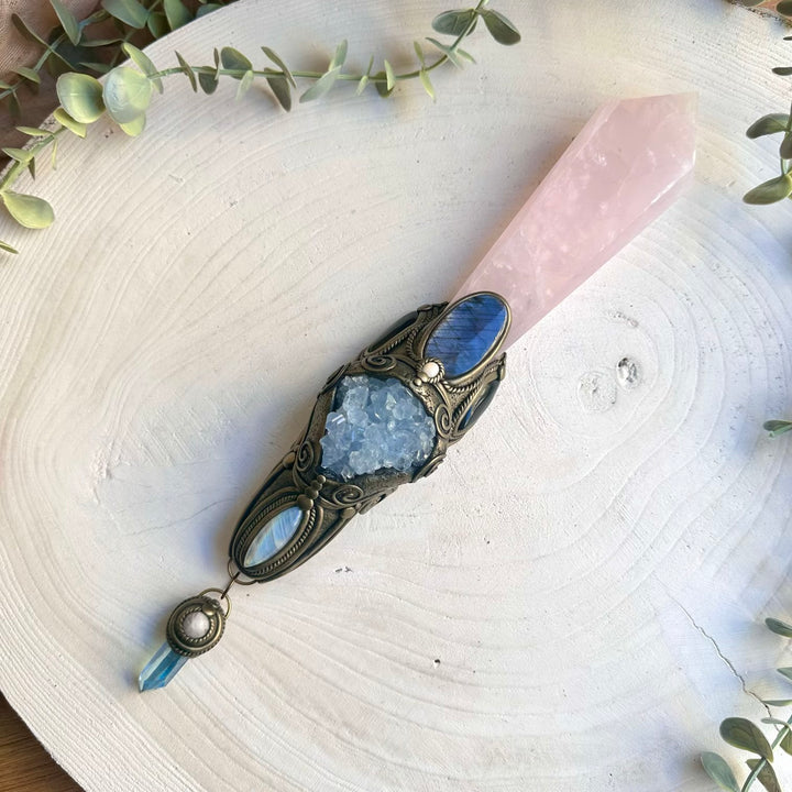 Large rose quartz wand designed for heart healing and protection