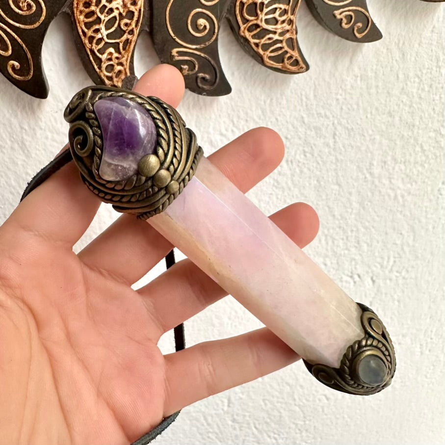 Handmade crystal wand pendant with Rose Quartz, Amethyst Moon and Moonstone