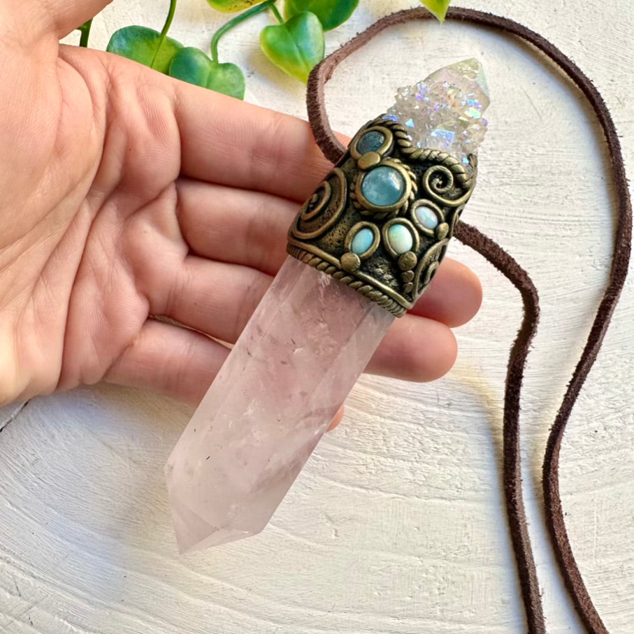 Healing crystal wand pendant with Rose Quartz, Angel Aura Spirit Quartz, Aquamarine and Australian Opal