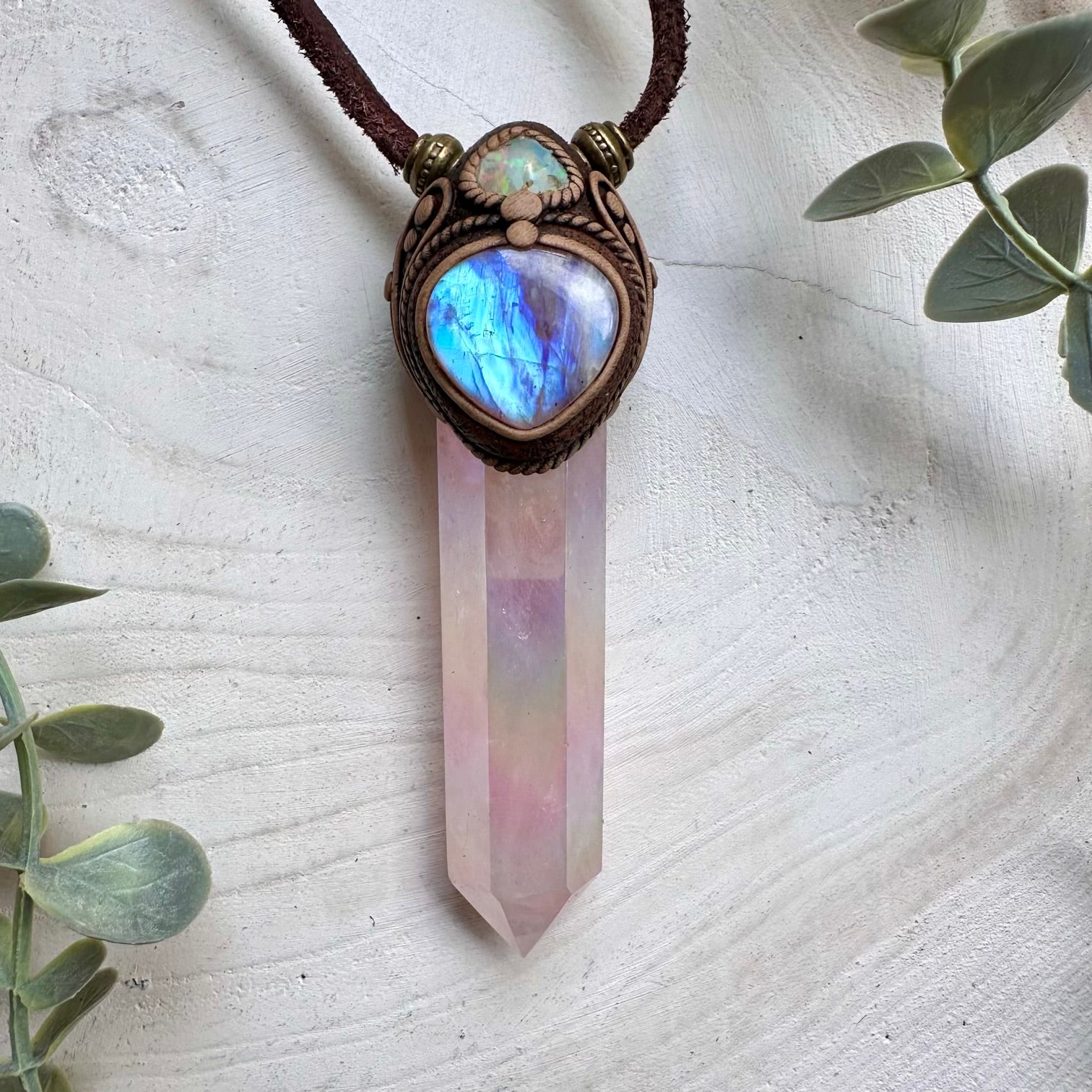 Handmade crystal wand with Angel Aura Rose Quartz and Rainbow Moonstone
