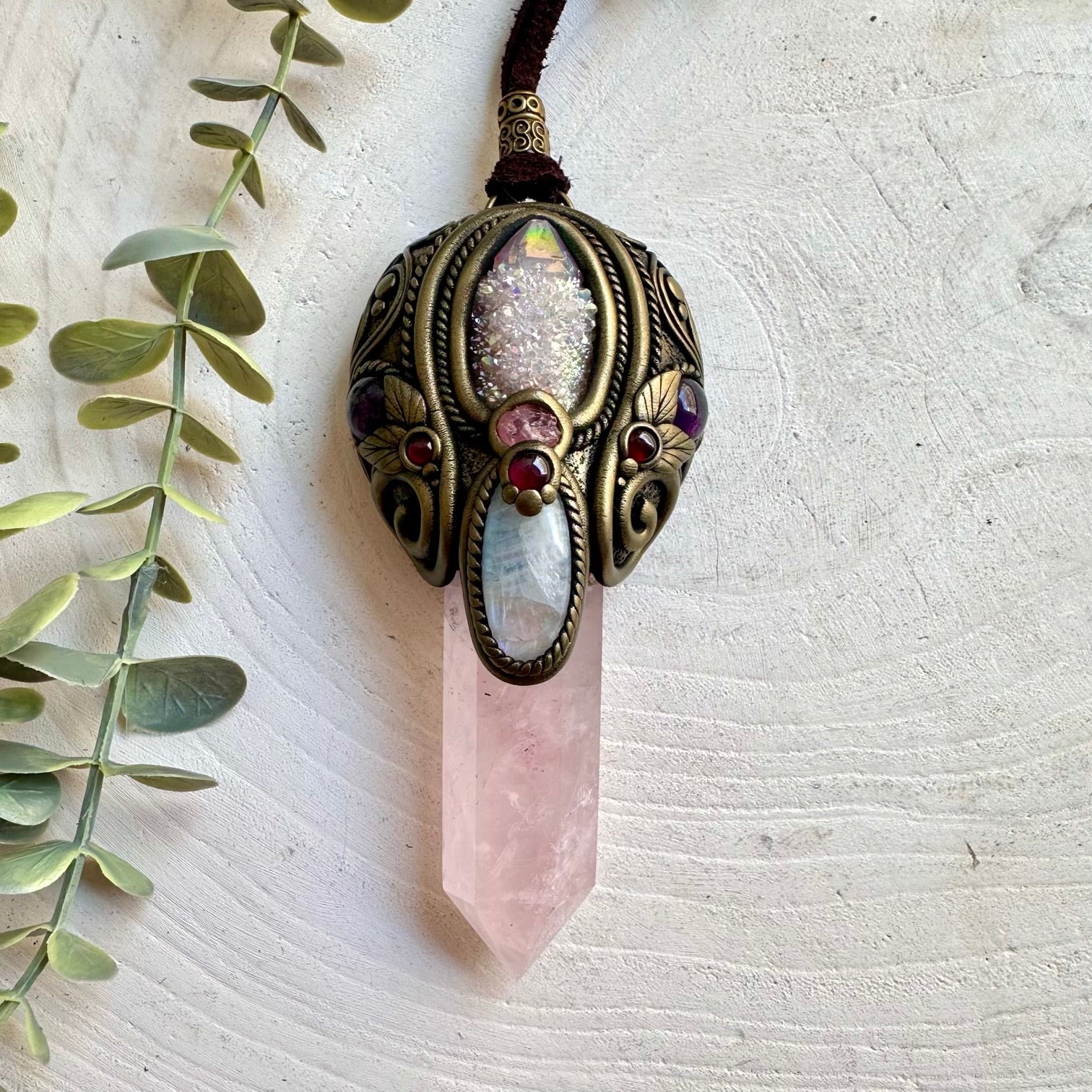 Handmade Rose Quartz crystal wand pendant necklace with Angel Aura Spirit Quartz, Moonstone, Amethyst, Gemmy Rhodochrosite and Rhodolite Garnet.