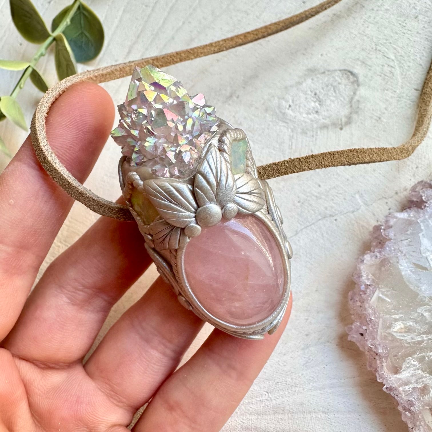 Rose quartz with angel aura spirit quartz and raw Ethiopian opal necklace