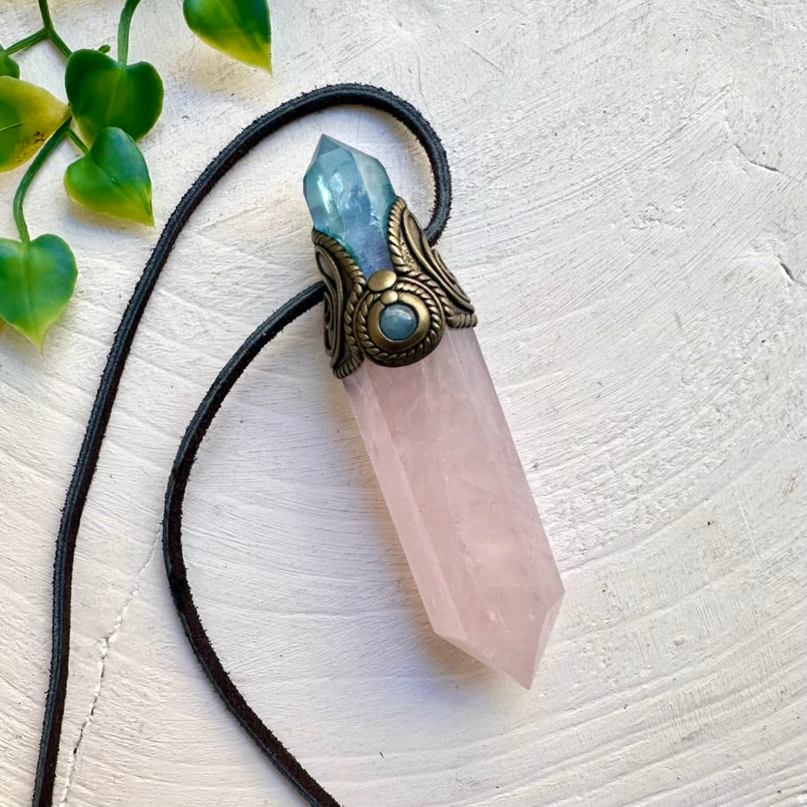 Healing crystal wand pendant with Rose Quartz, Aqua Aura Quartz and Aquamarine