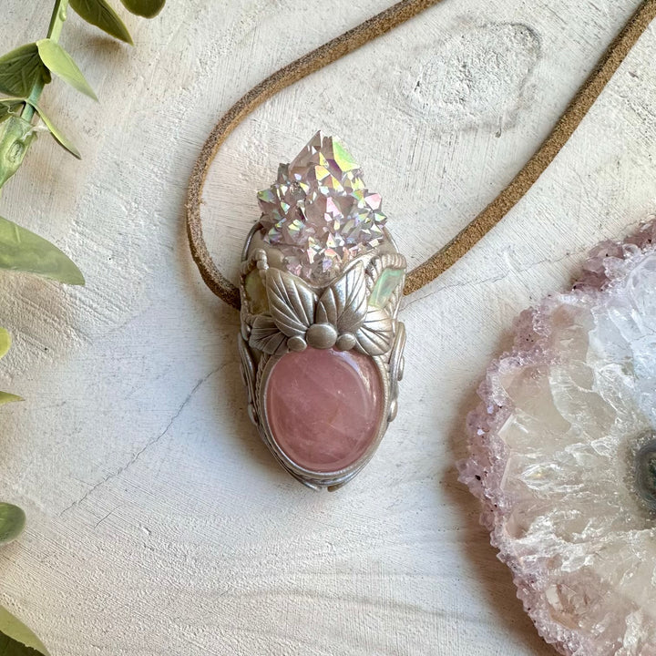 Handmade healing crystal necklace with rose quartz and opal