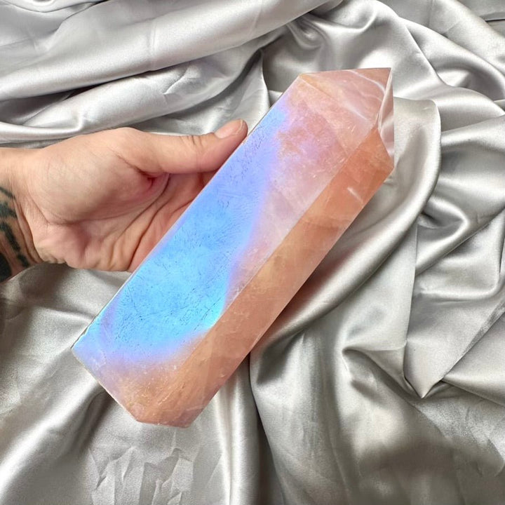 Angel Aura Rose Quartz Tower – Unique Polished Pink Crystal Point for Love, Peace & Spiritual Harmony - FairyGardenGlow
