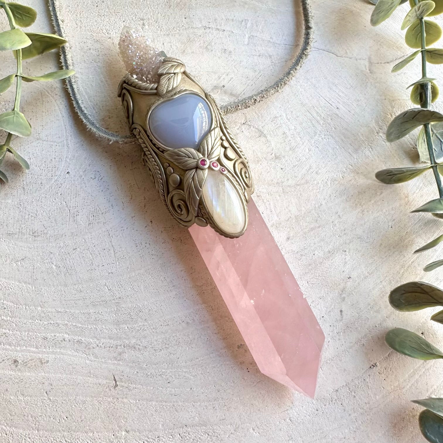 One of a kind healing crystal wand with Rose Quartz, shimmering Angel Aura Spirit Quartz and natural Ruby.