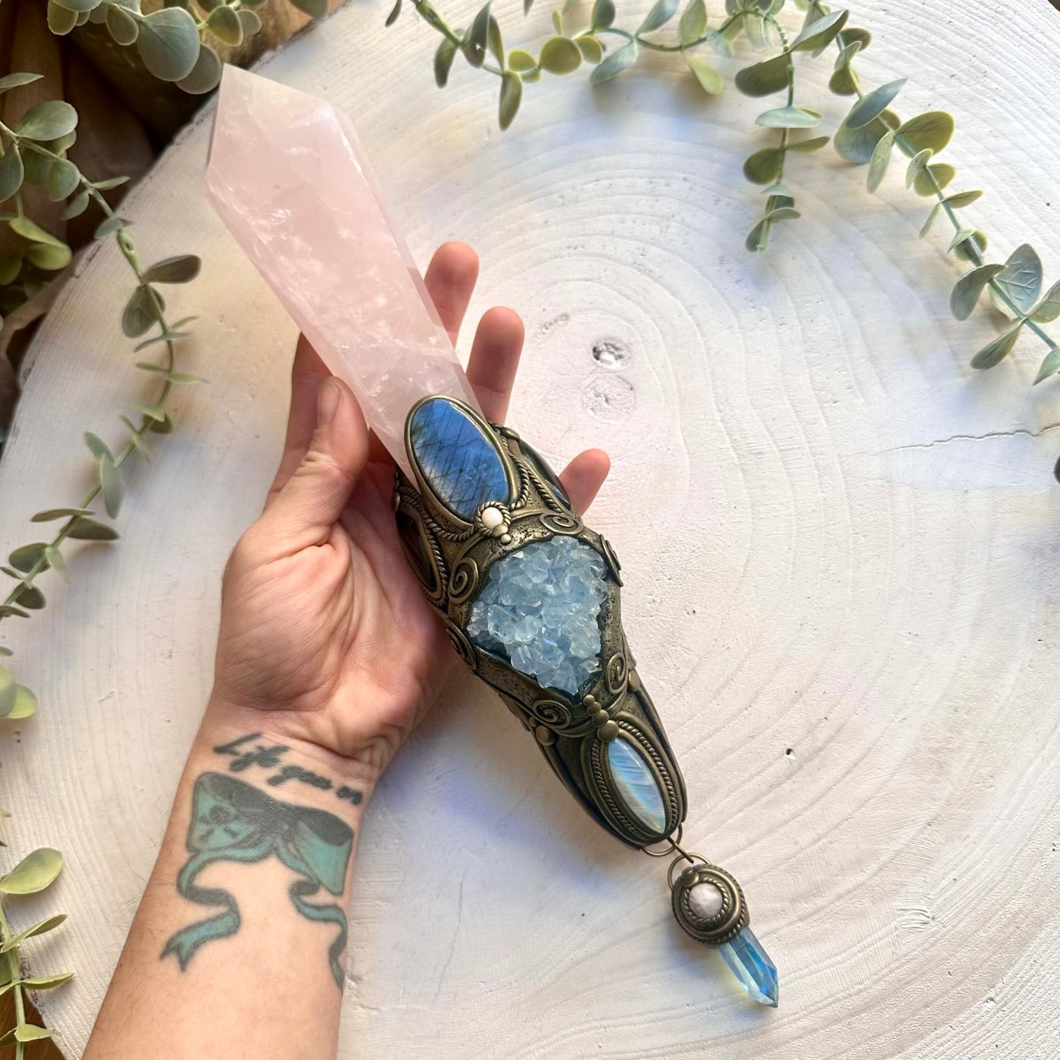Handmade healing crystal wand featuring rose quartz and celestite