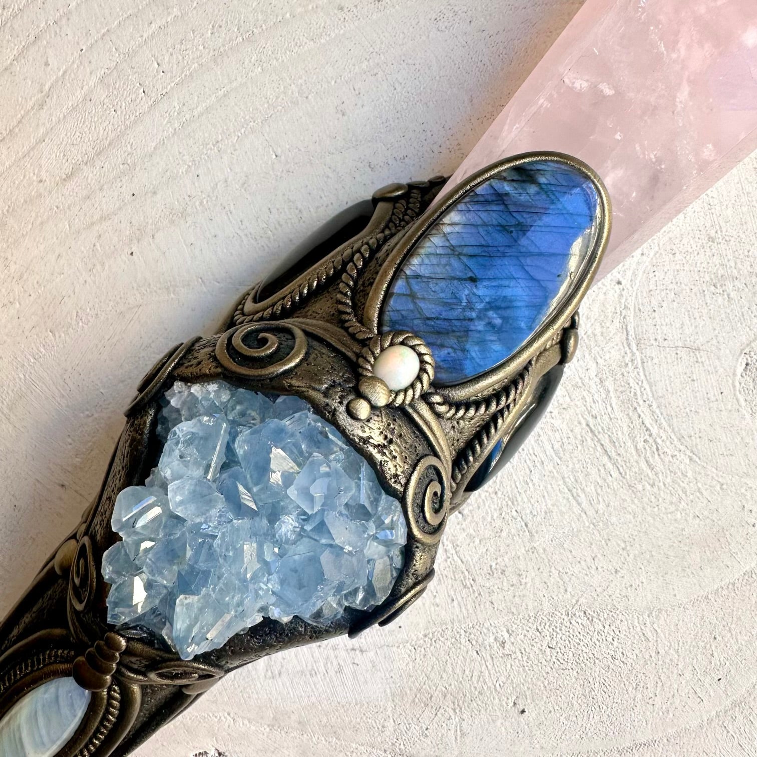 One of a kind large rose quartz wand with rainbow moonstone and morganite