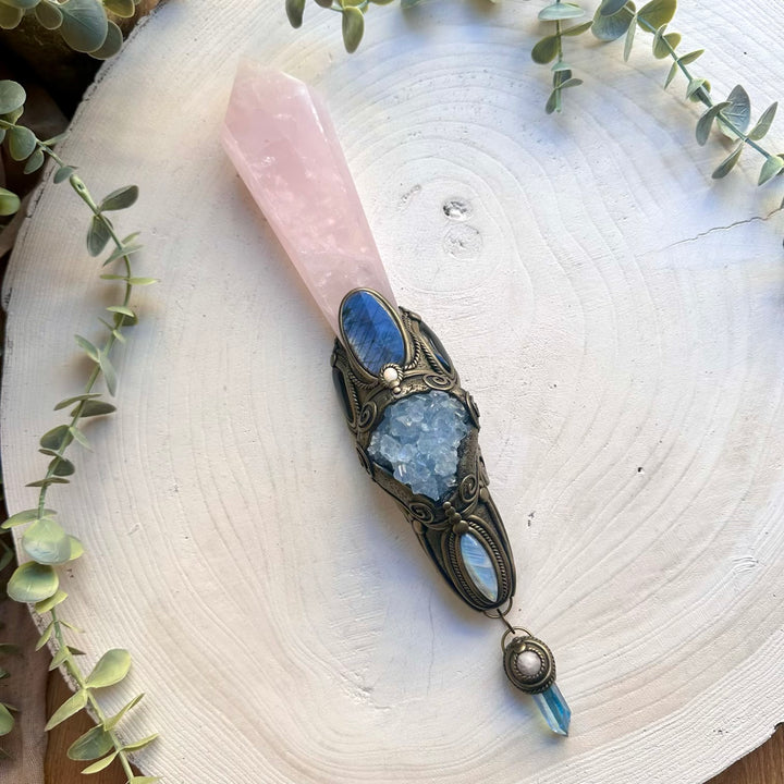 One of a kind rose quartz celestite and moonstone wand