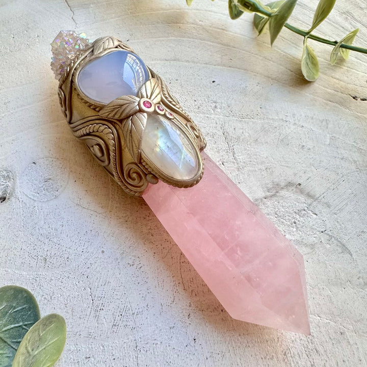 Healing crystal wand featuring blue chalcedony heart moonstone and ruby gemstones