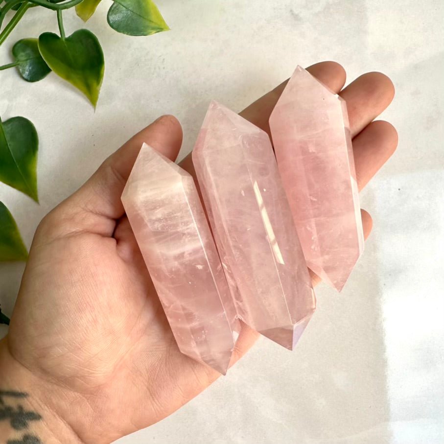 Rose Quartz Crystal Point – Natural Double Terminated Wand for Love, Peace & Heart Chakra Healing - FairyGardenGlow