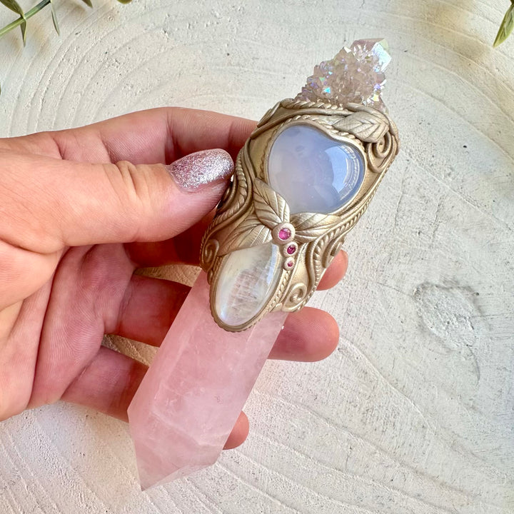 Rose Quartz crystal wand with Angel Aura Spirit Quartz Blue Chalcedony Heart