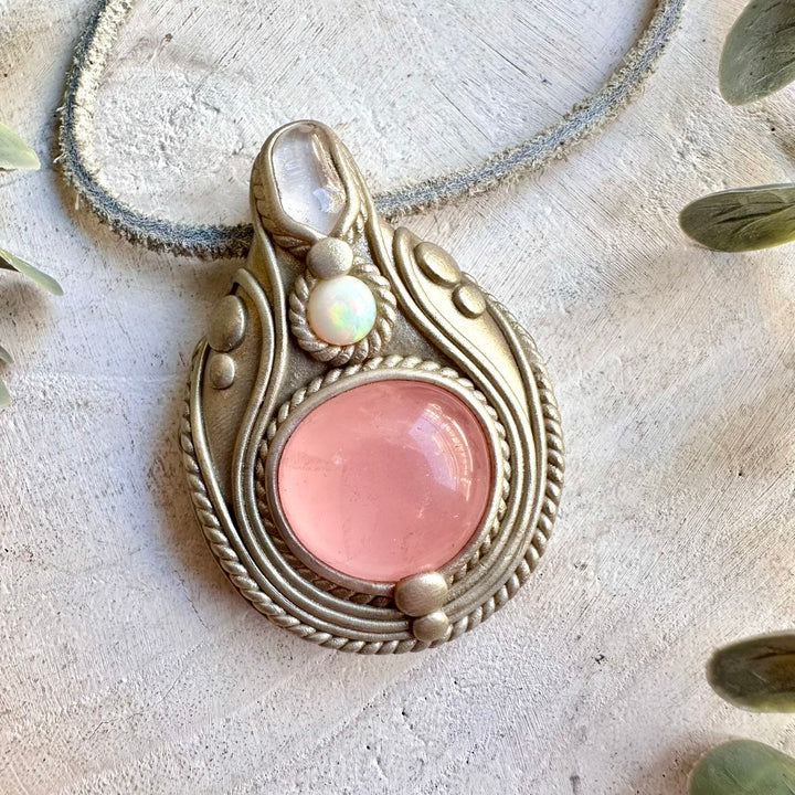 Rose Quartz with Danburite and Ethiopian Opal pendant necklace, handcrafted as unique healing crystal gemstone jewelry.