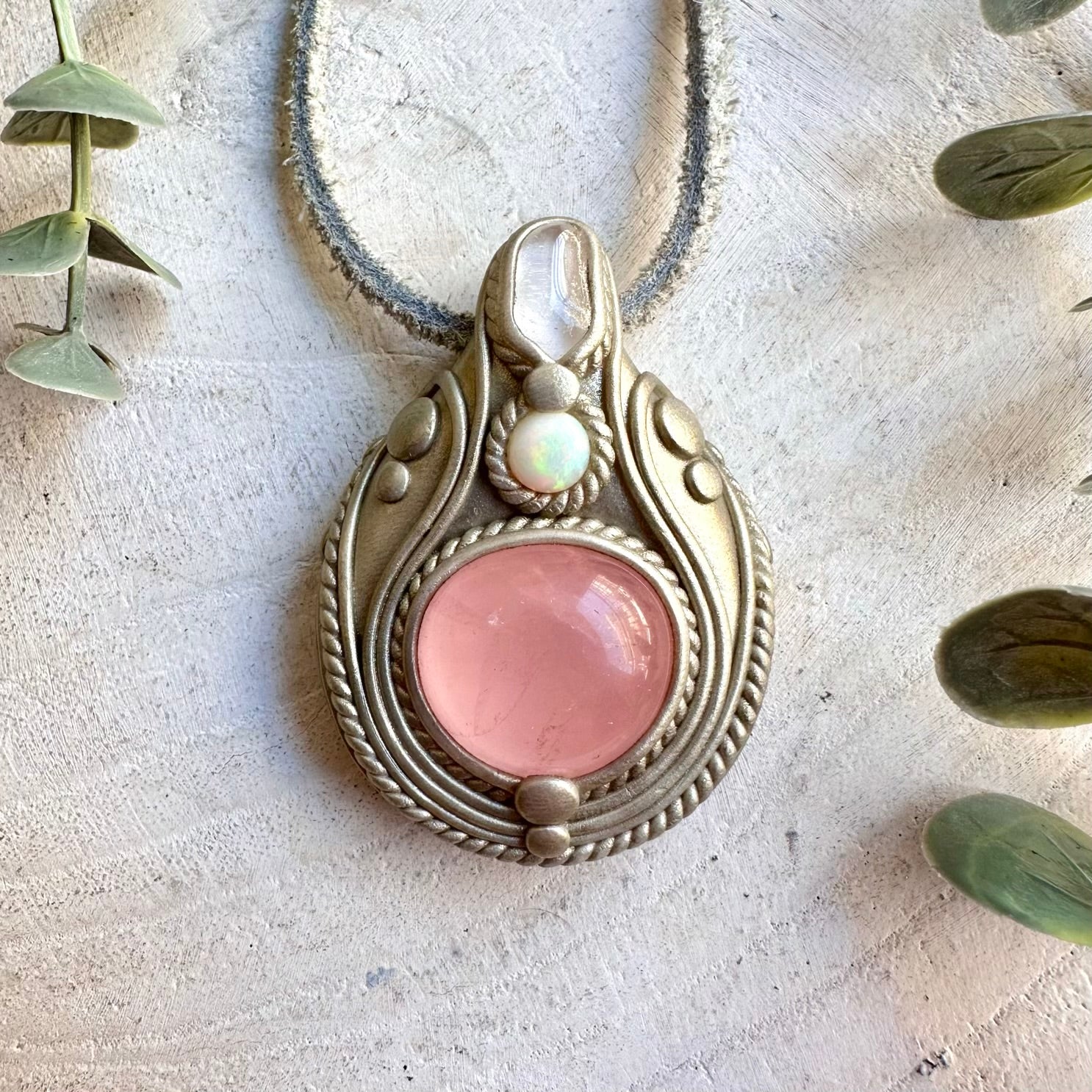 Handmade Rose Quartz, Danburite and Ethiopian Opal pendant necklace, a one of a kind healing crystal jewelry piece combining soft pink Rose Quartz with luminous Danburite and mesmerizing Ethiopian Opal. An enchanting spiritual gemstone necklace inspired by love, compassion, inner peace, creativity, intuition and personal transformation.
