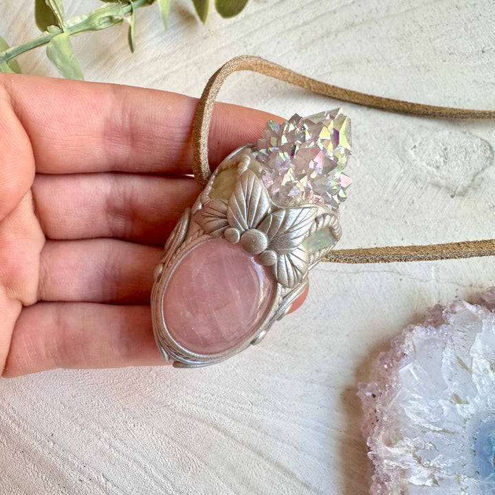 Handmade spiritual talisman necklace with aura quartz