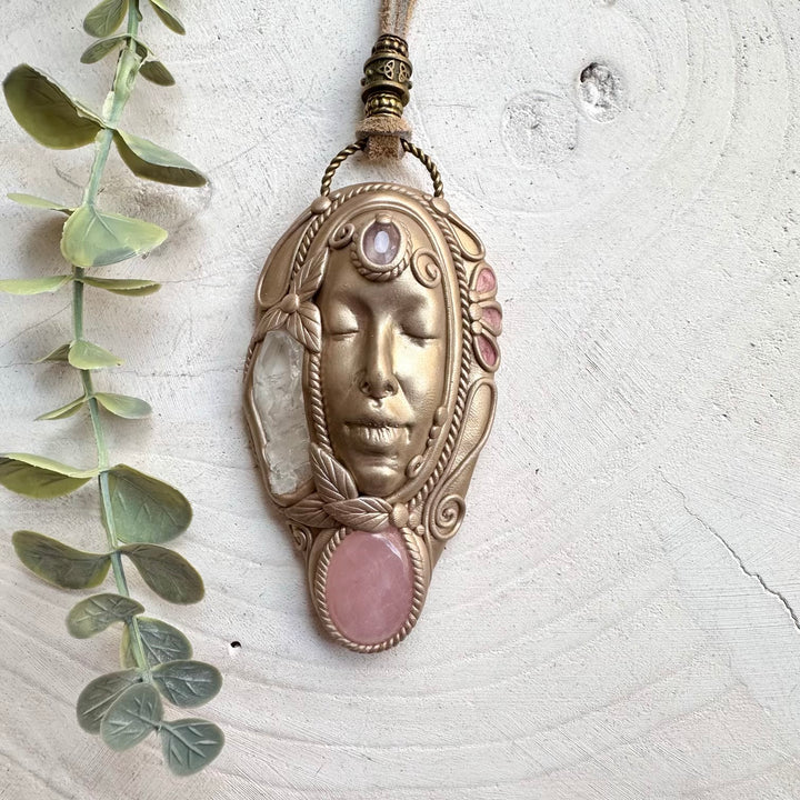 Healing crystal goddess pendant with faden quartz and amethyst