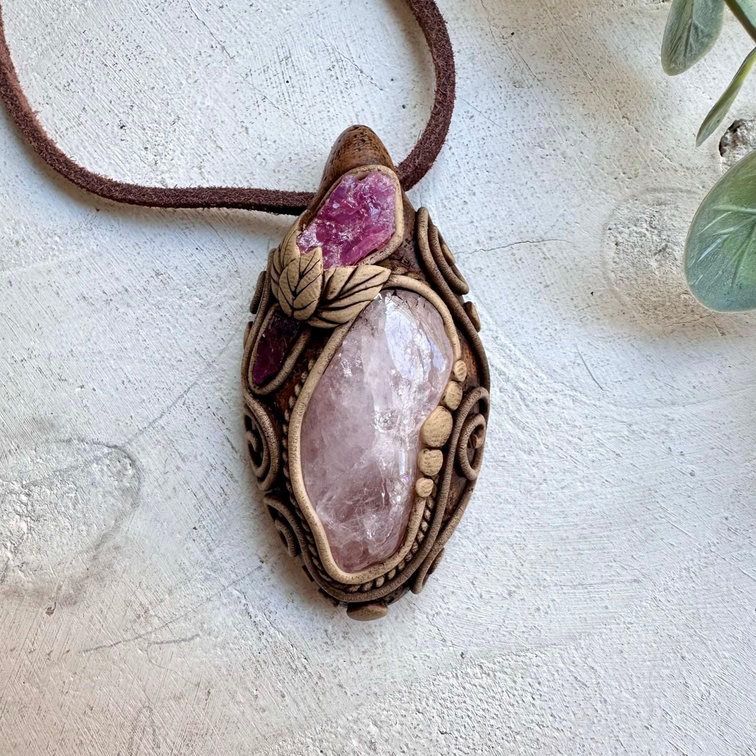 Handmade necklace with rose quartz spinel and garnet