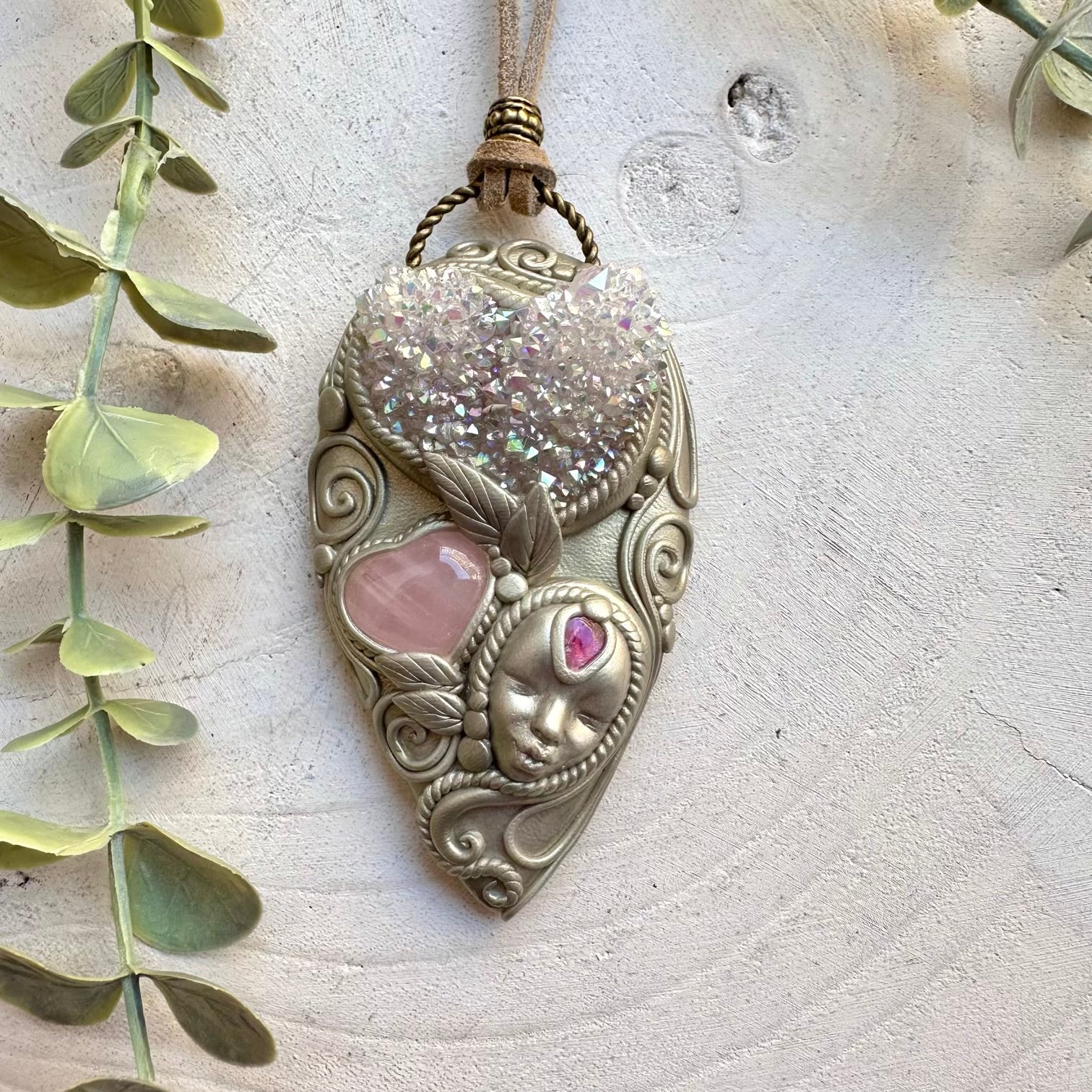 Handmade crystal necklace with rose quartz heart and aura quartz