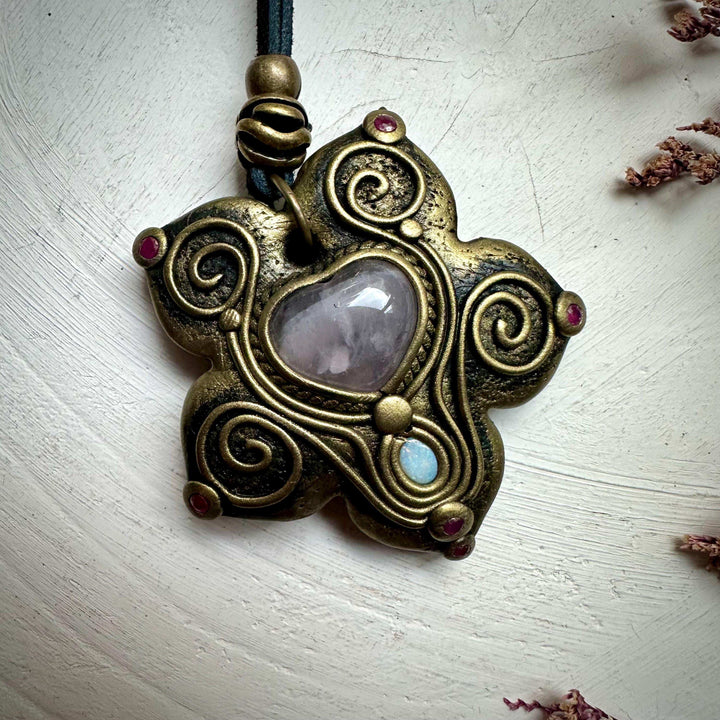Rose Quartz Heart Australian Opal and Ruby Necklace - FairyGardenGlow
