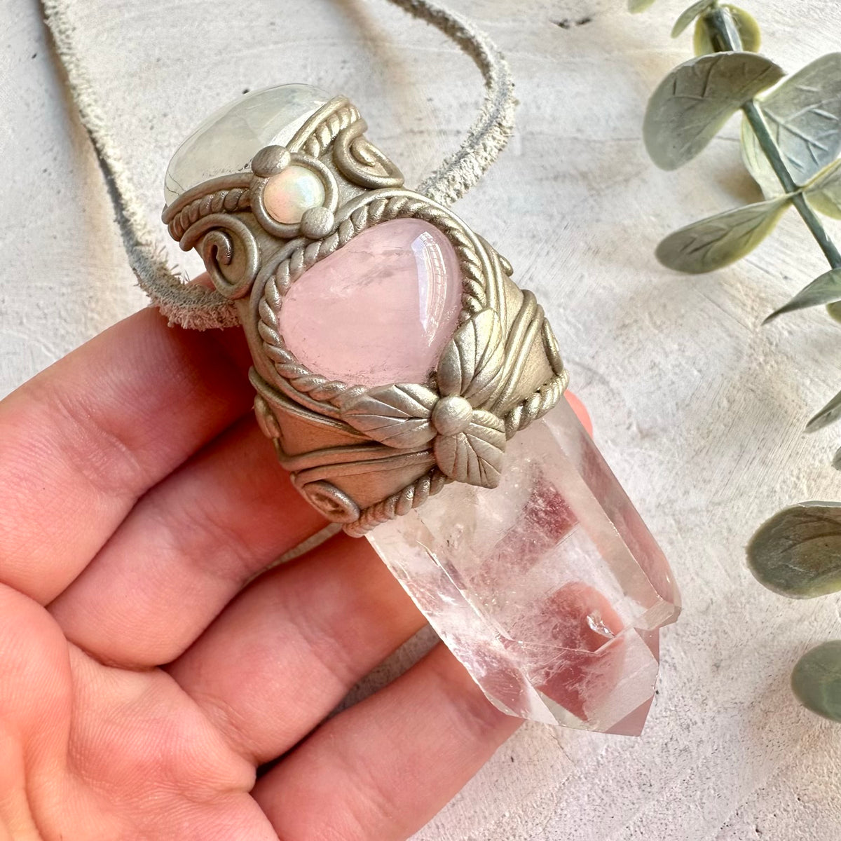 One of a kind gemstone handmade wand-necklace with Clear Quartz, a Rose Quartz Heart, Moonstone and Ethiopian Opal.