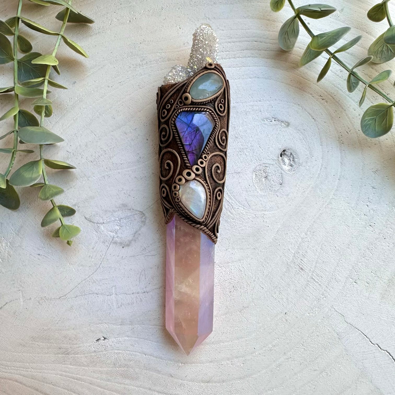 Healing crystal wand necklace with rose quartz labradorite and celestite