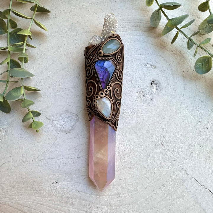 Healing crystal wand necklace with rose quartz labradorite and celestite