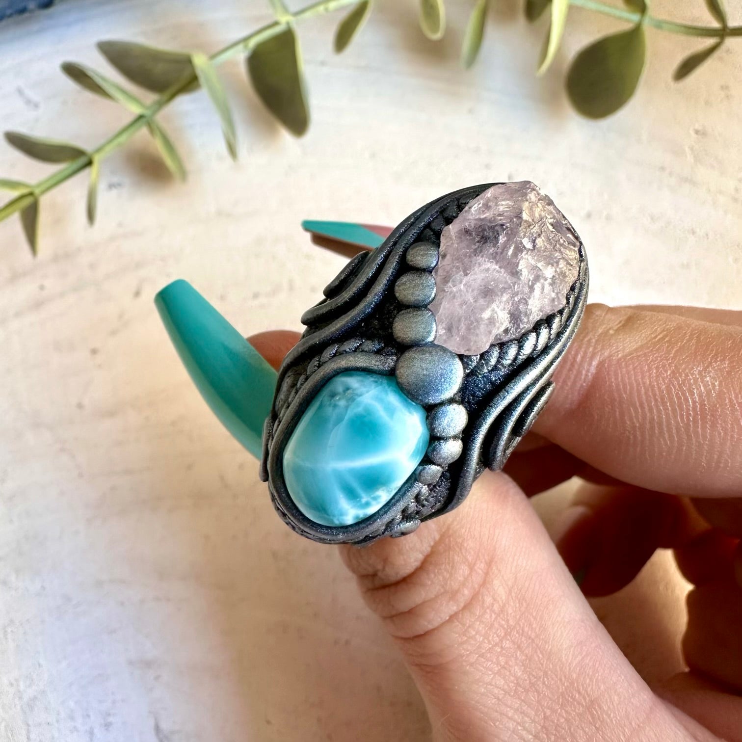 Spiritual jewelry ring combining larimar and rose quartz