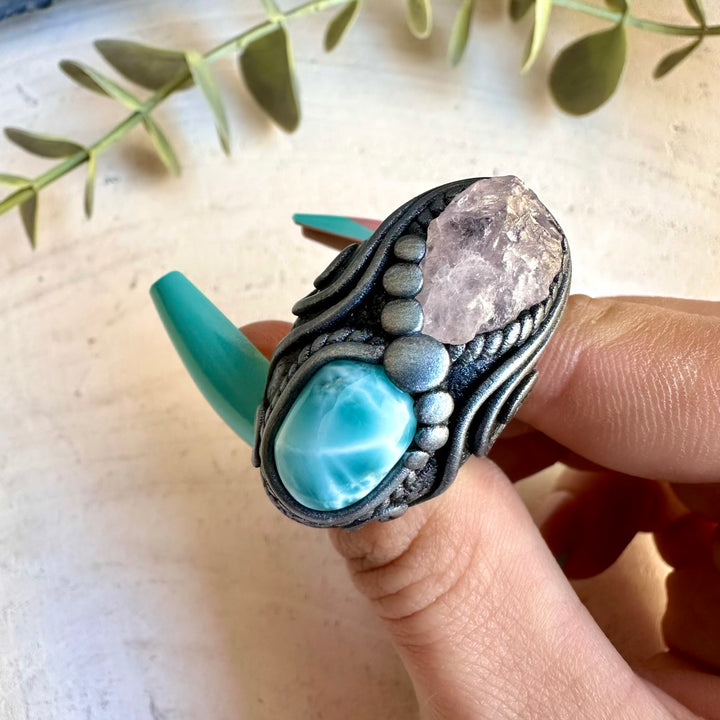 Spiritual jewelry ring combining larimar and rose quartz