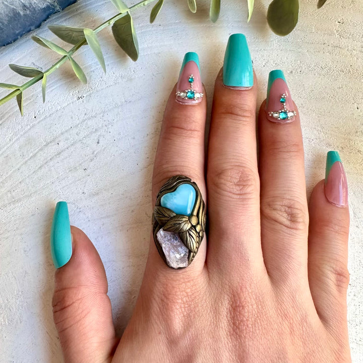 Healing crystal ring with larimar and rose quartz gemstones