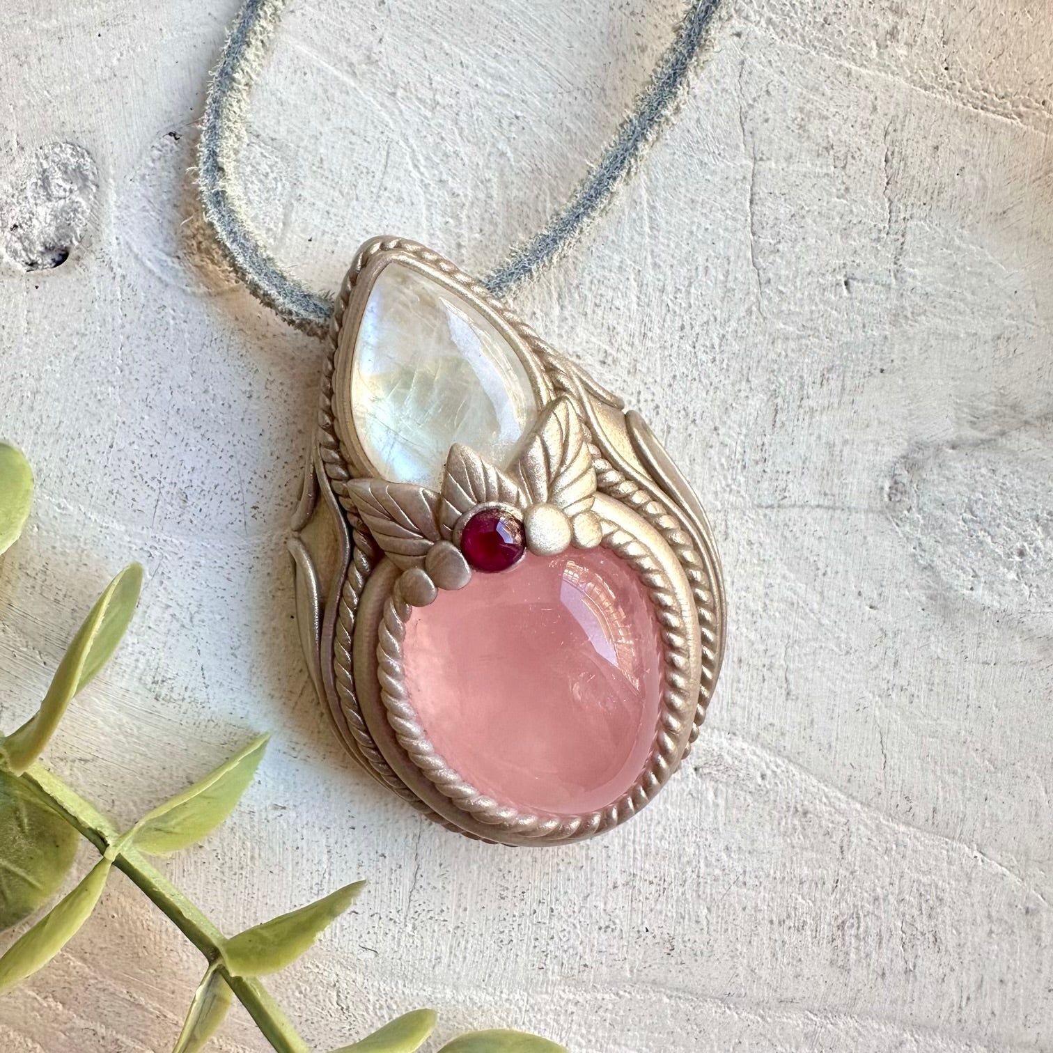 Crystal talisman necklace with rose quartz moonstone and garnet healing stones