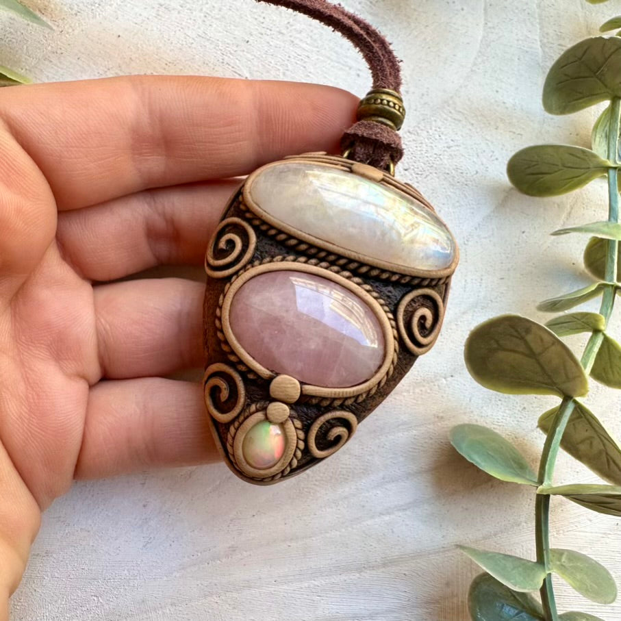 One of a kind crystal pendant necklace with moonstone rose quartz and opal