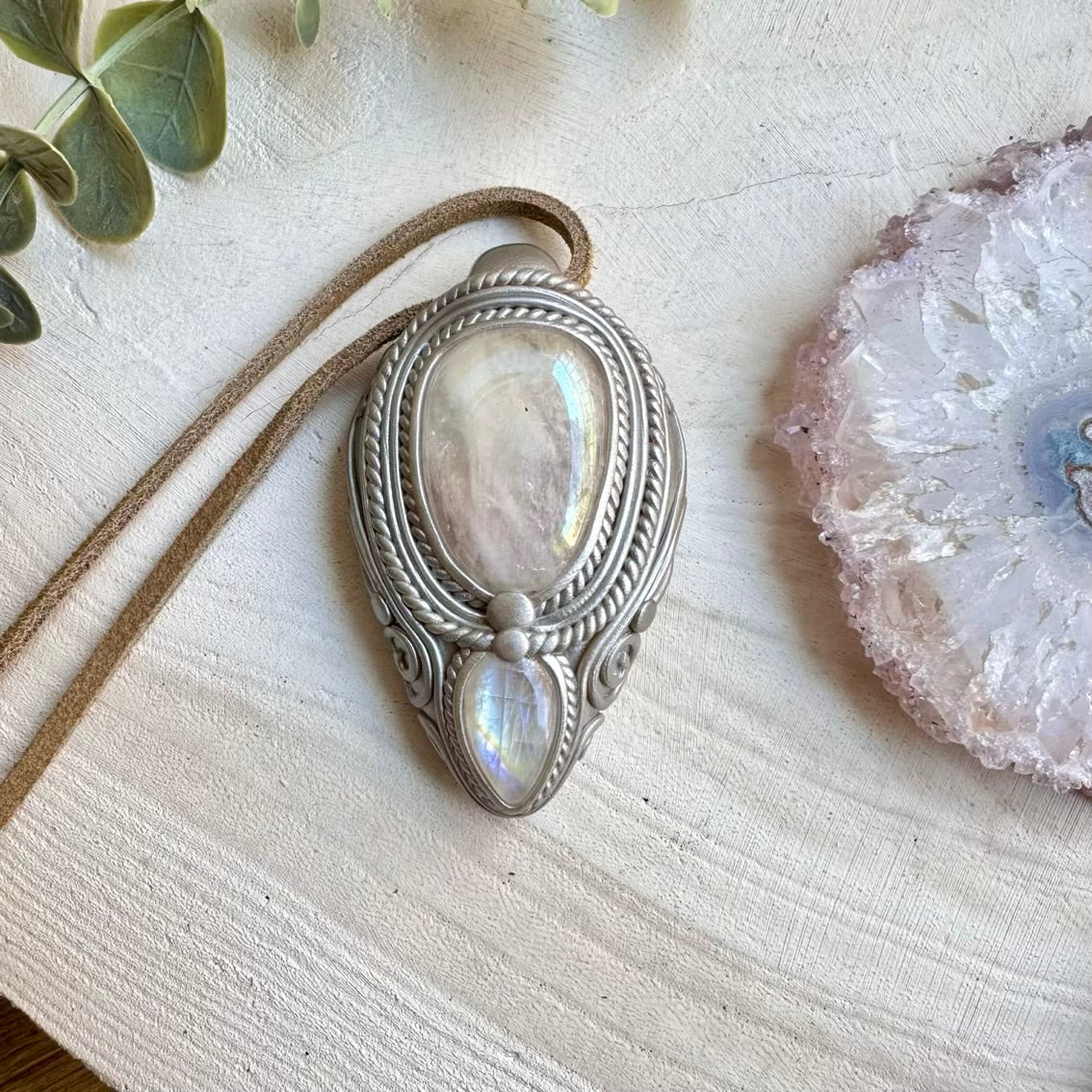 Handmade healing crystal necklace with rose quartz and moonstone
