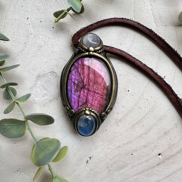 One of a kind crystal necklace with pink labradorite rose quartz and moonstone