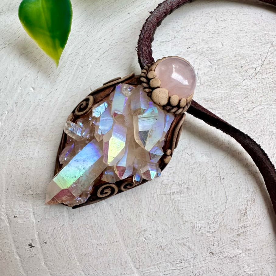 Angel Aura Quartz Cluster and Rose Quartz Necklace - FairyGardenGlow
