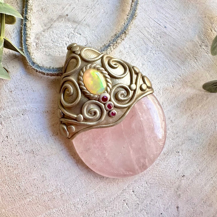 Natural gemstone pendant with Rose Quartz, colorful Ethiopian Opal flashes and deep red Ruby.