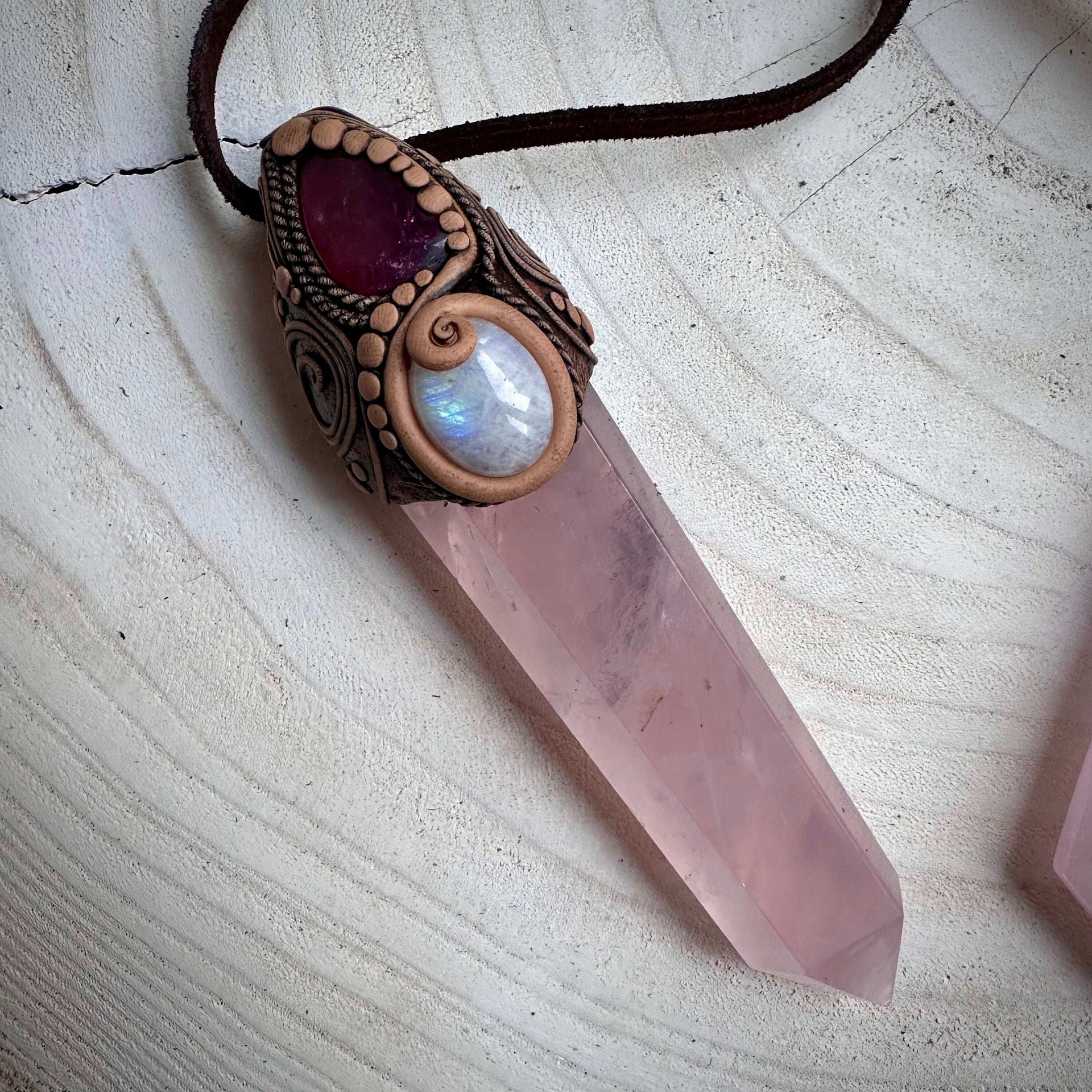 Rose Quartz Point with Pink Tourmaline and Moonstone Wand / Necklace - FairyGardenGlow