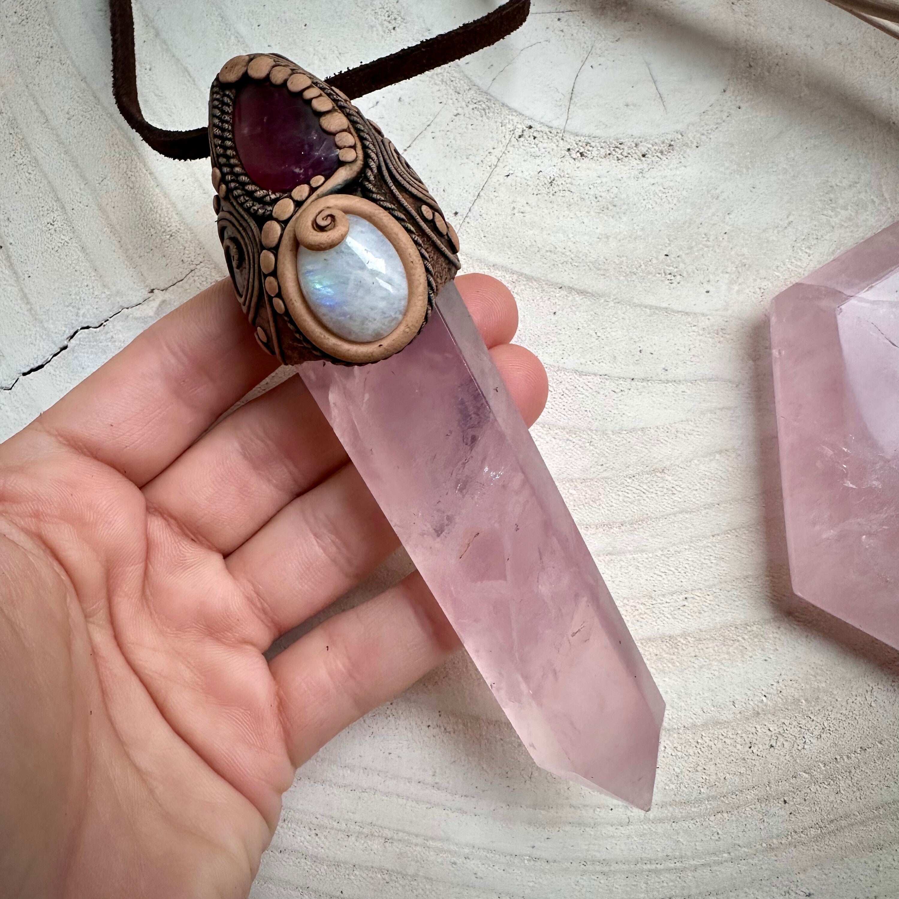 Rose Quartz Point with Pink Tourmaline and Moonstone Wand / Necklace - FairyGardenGlow