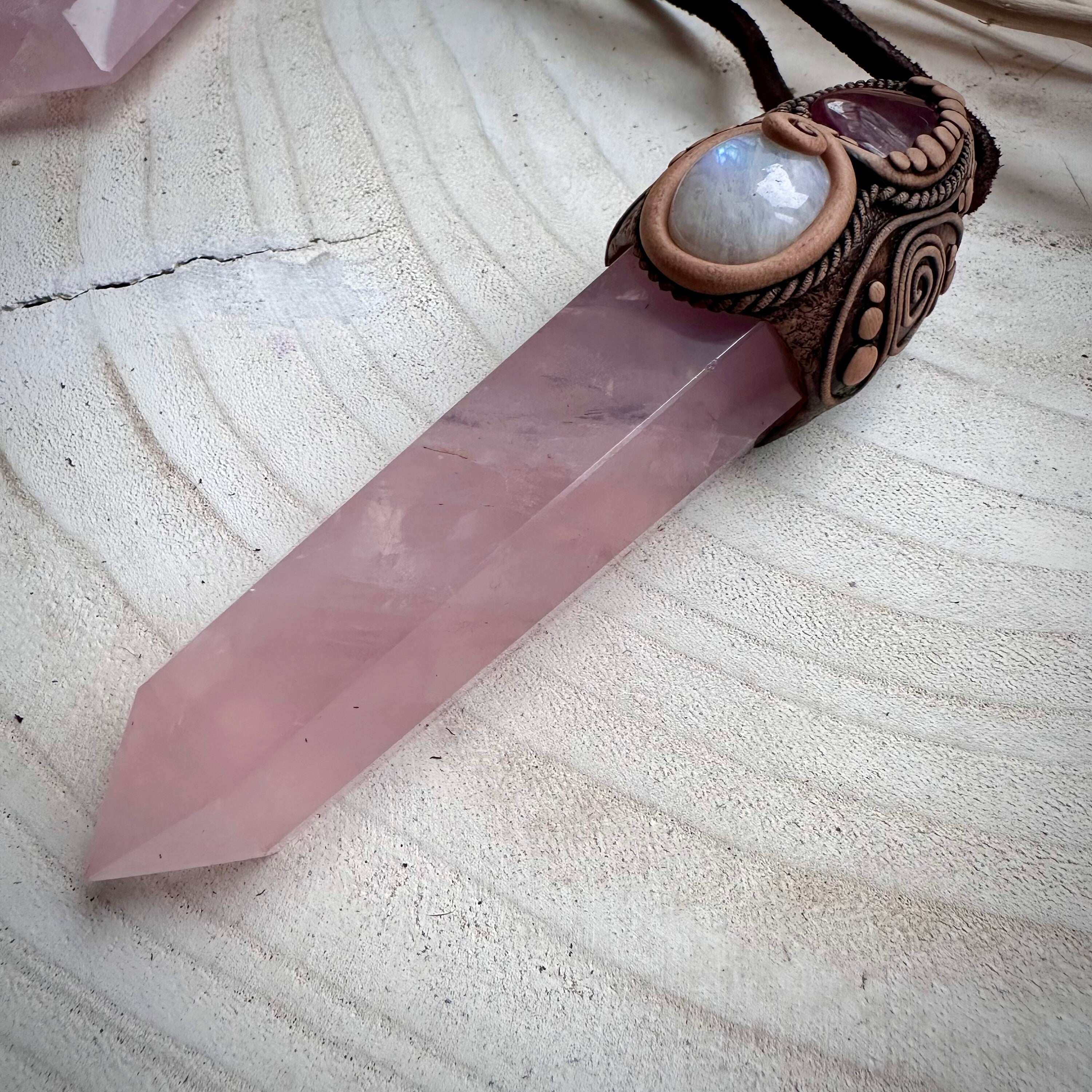 Rose Quartz Point with Pink Tourmaline and Moonstone Wand / Necklace - FairyGardenGlow