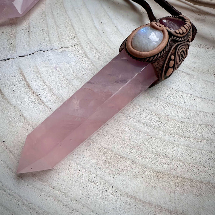 Rose Quartz Point with Pink Tourmaline and Moonstone Wand / Necklace - FairyGardenGlow