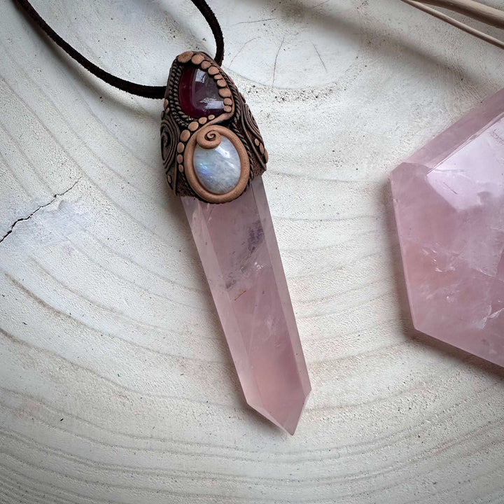 Rose Quartz Point with Pink Tourmaline and Moonstone Wand / Necklace - FairyGardenGlow